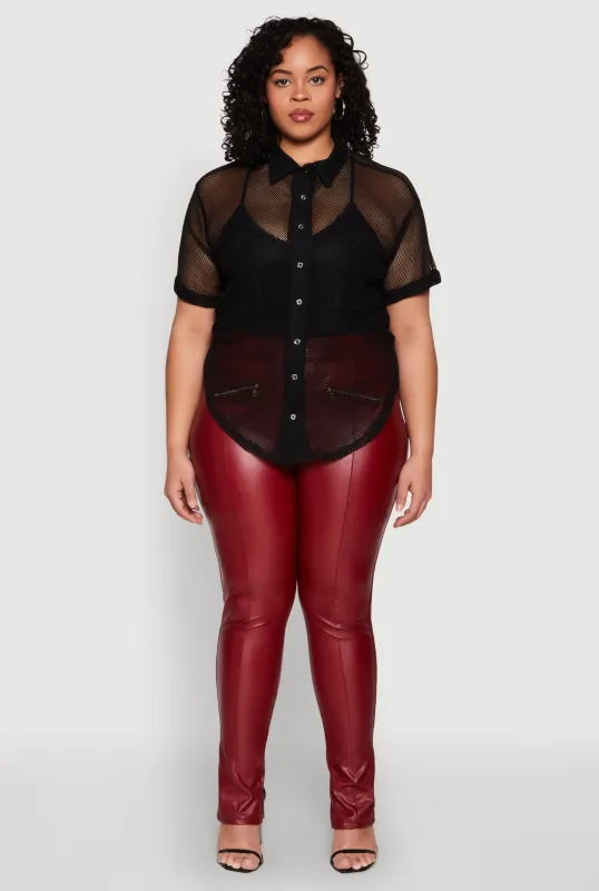 Plus Size Fishnet Short Sleeve Button Front Shirt sold by Rainbow