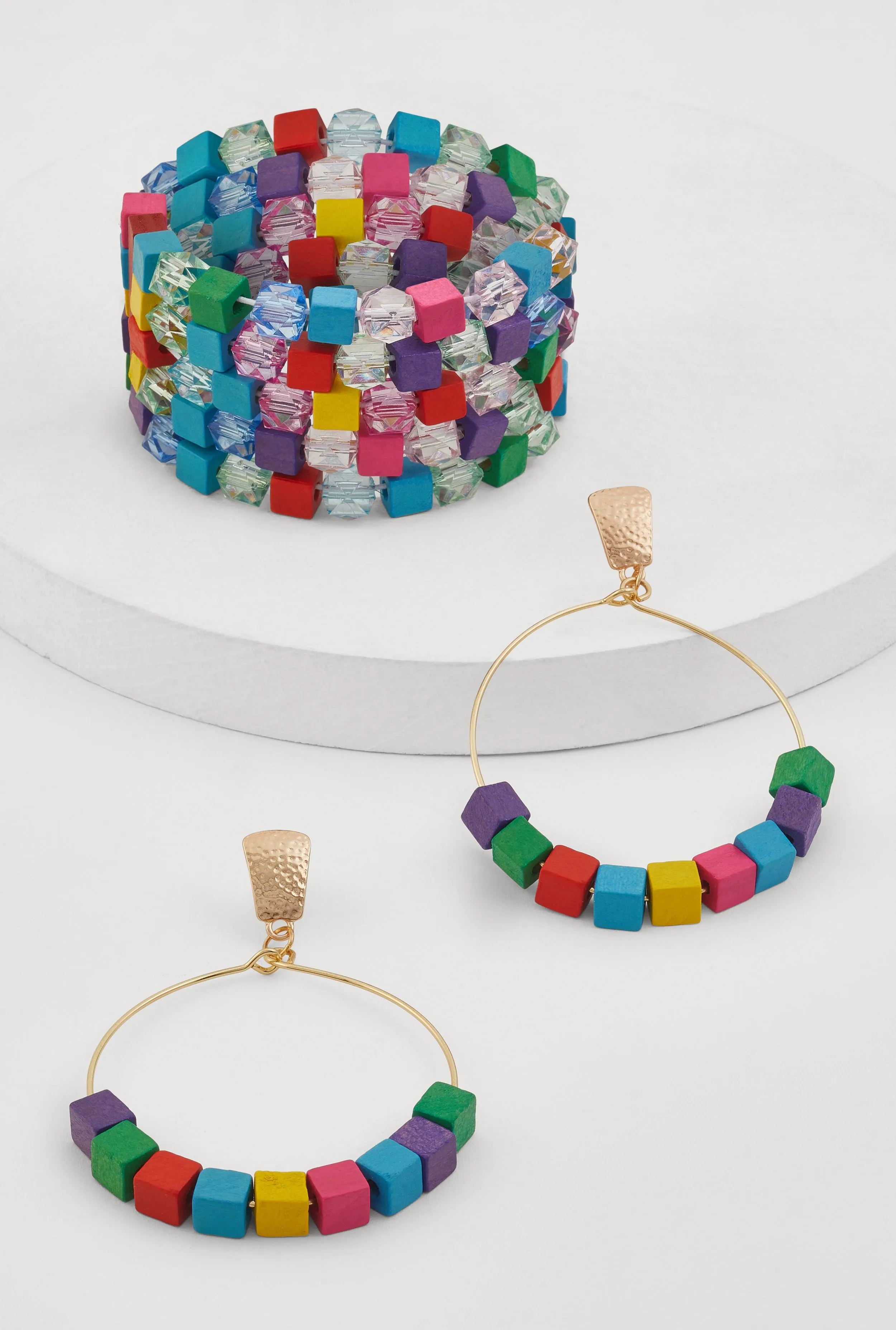 Wooden Stretch Bracelet and Drop Hoop Earrings Set sold by Rainbow