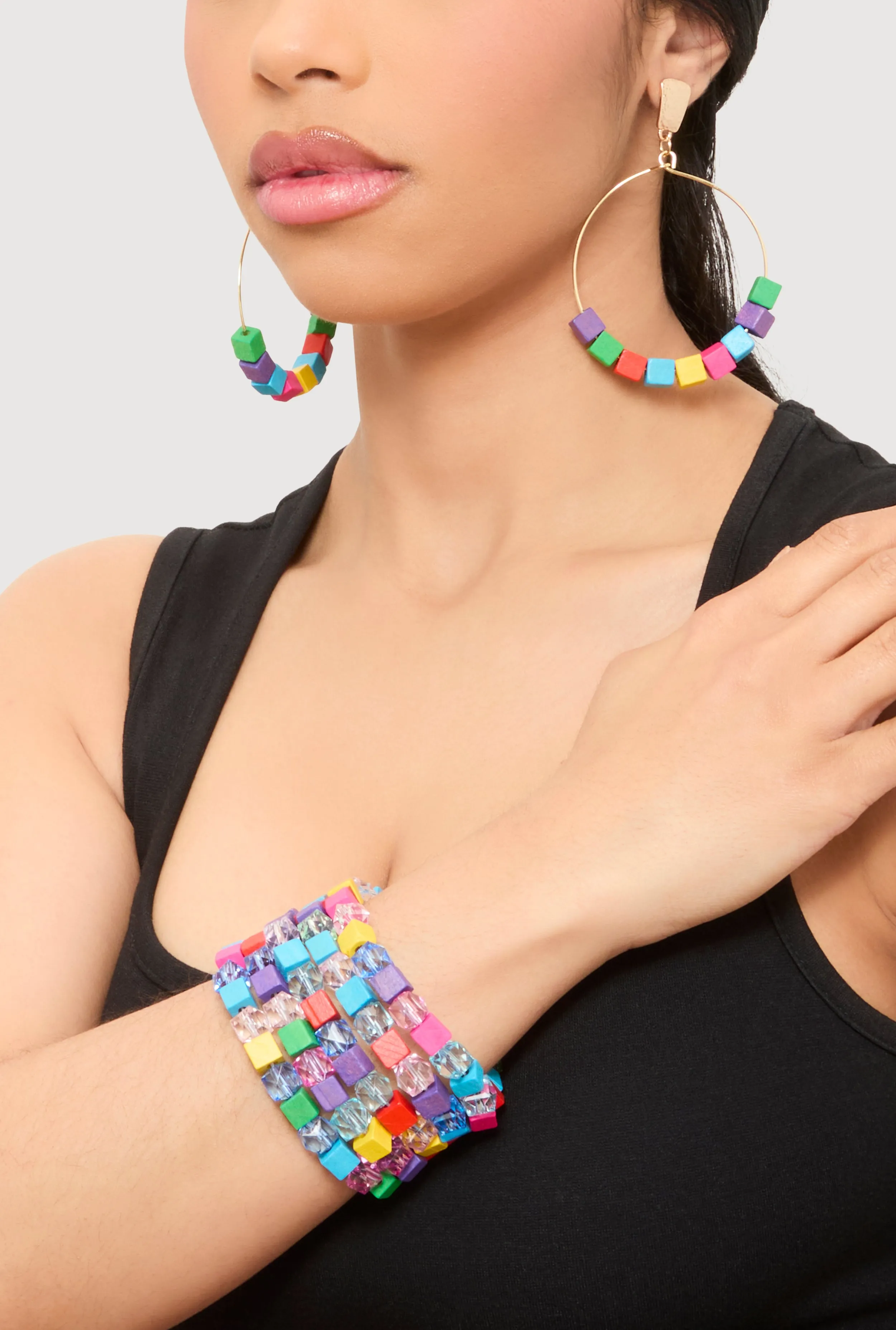 Wooden Stretch Bracelet and Drop Hoop Earrings Set sold by Rainbow product image thumbnail 2