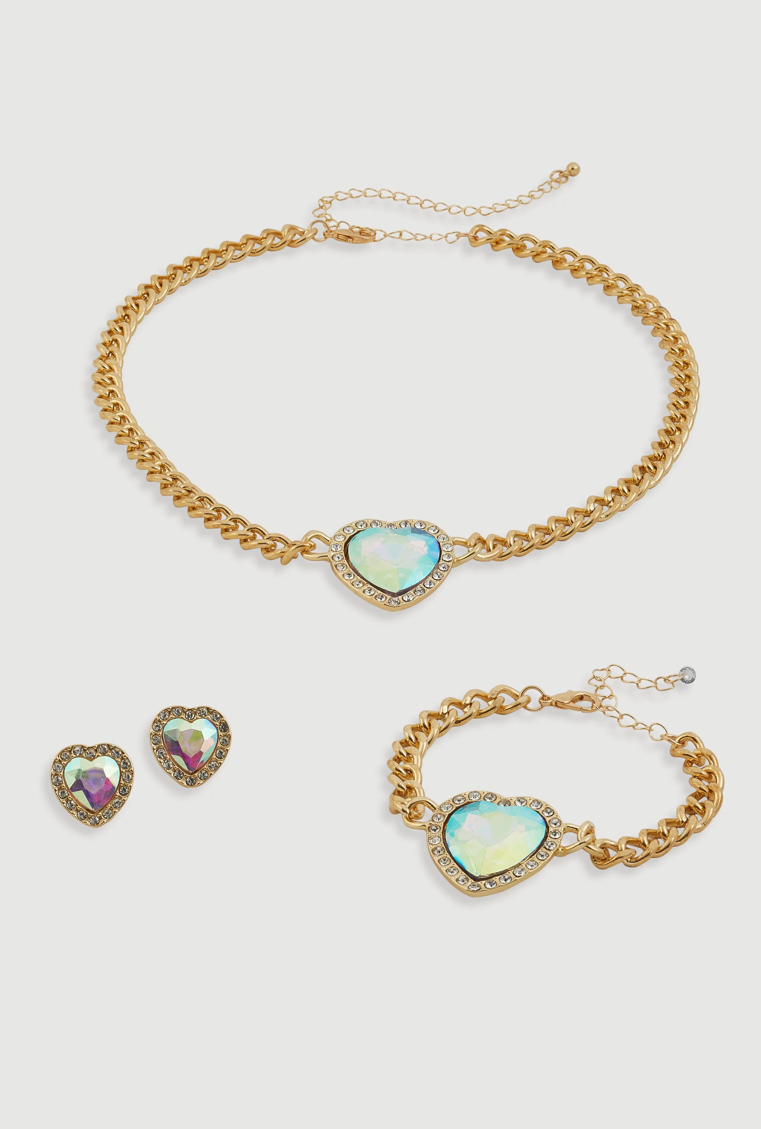 Cubic Zirconia Heart Charm Necklace and Bracelet with Stud Earrings sold by Rainbow
