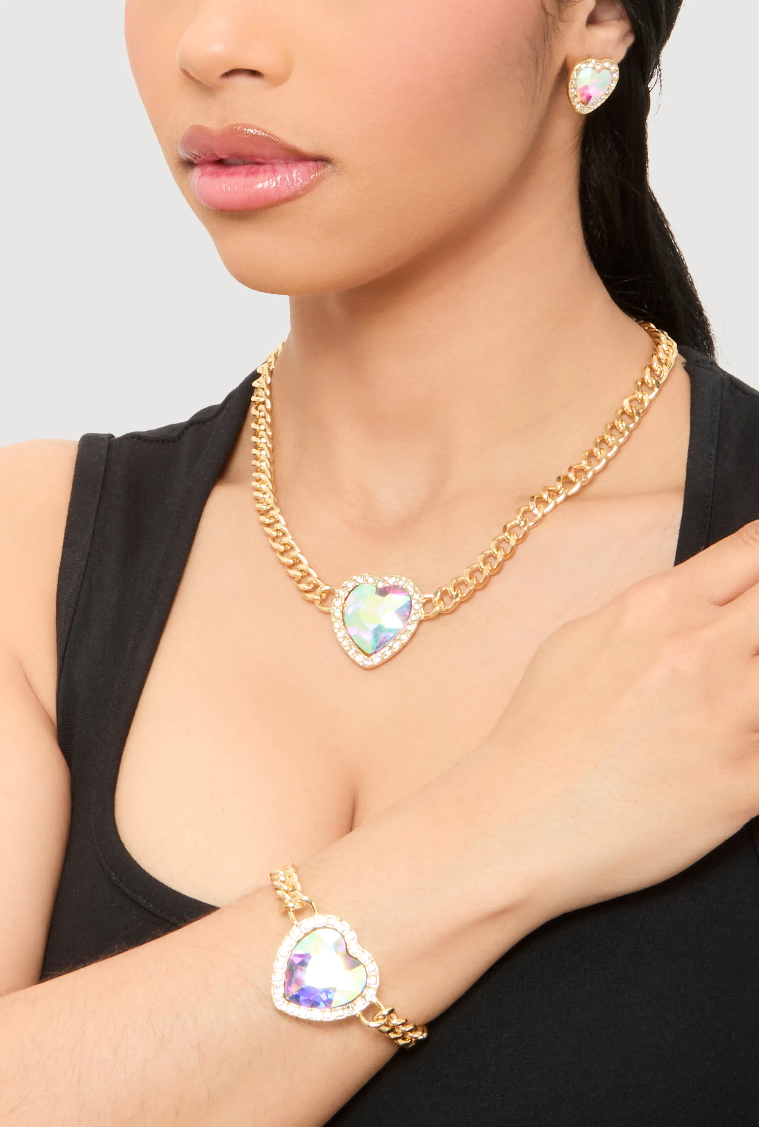 Cubic Zirconia Heart Charm Necklace and Bracelet with Stud Earrings sold by Rainbow product image thumbnail 2