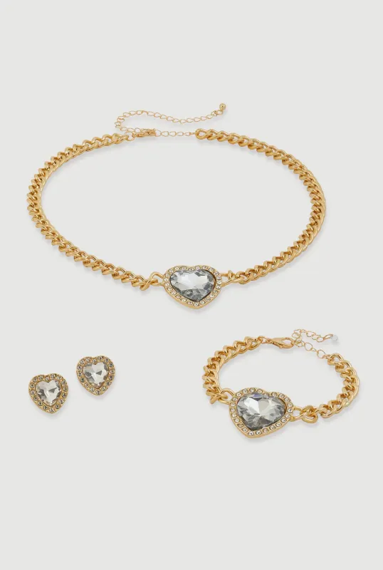 Cubic Zirconia Heart Charm Necklace and Bracelet with Stud Earrings sold by Rainbow