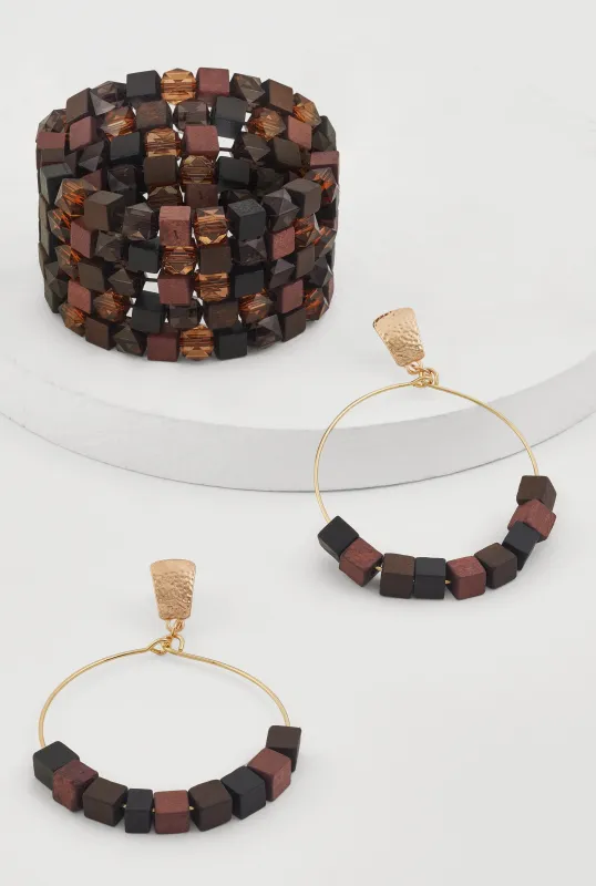 Wooden Stretch Bracelet and Drop Hoop Earrings Set sold by Rainbow