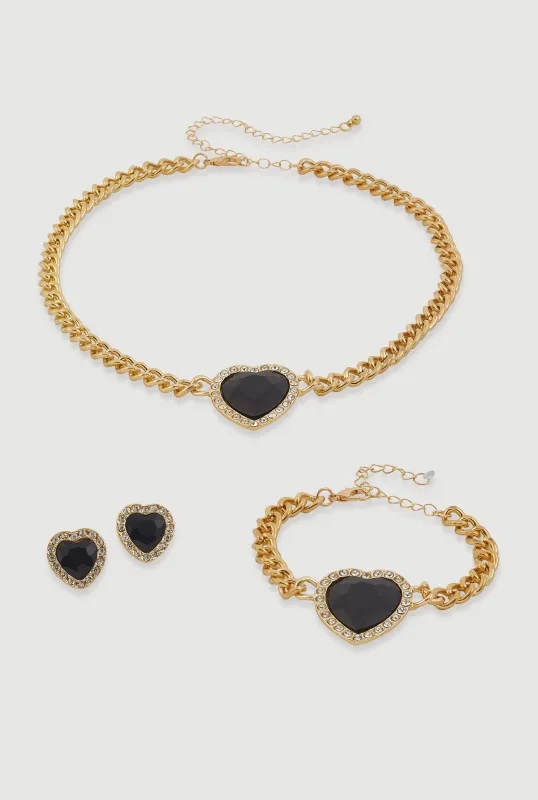 Cubic Zirconia Heart Charm Necklace and Bracelet with Stud Earrings sold by Rainbow