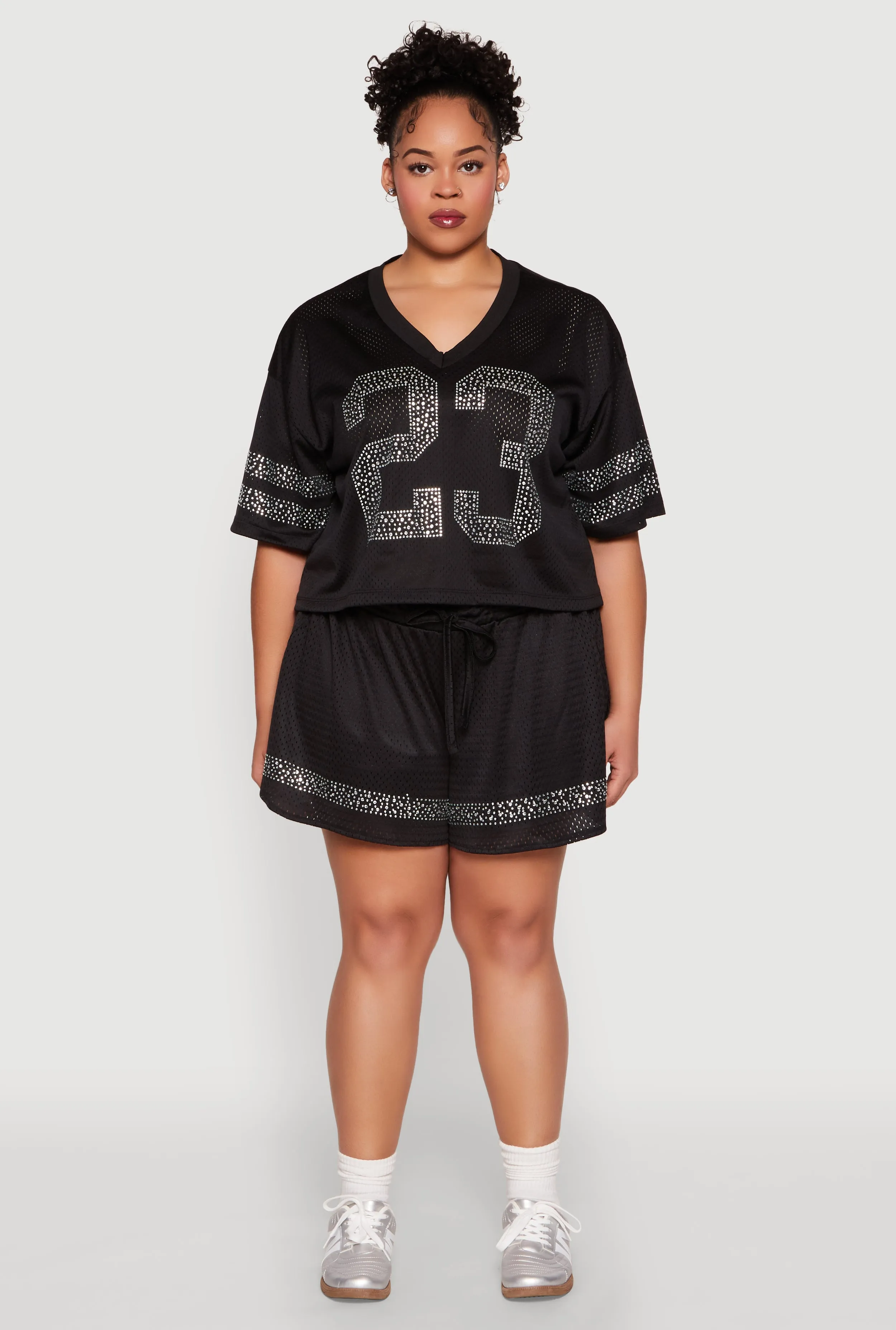Plus Size Rhinestone Studded Jersey Mesh Shorts sold by Rainbow