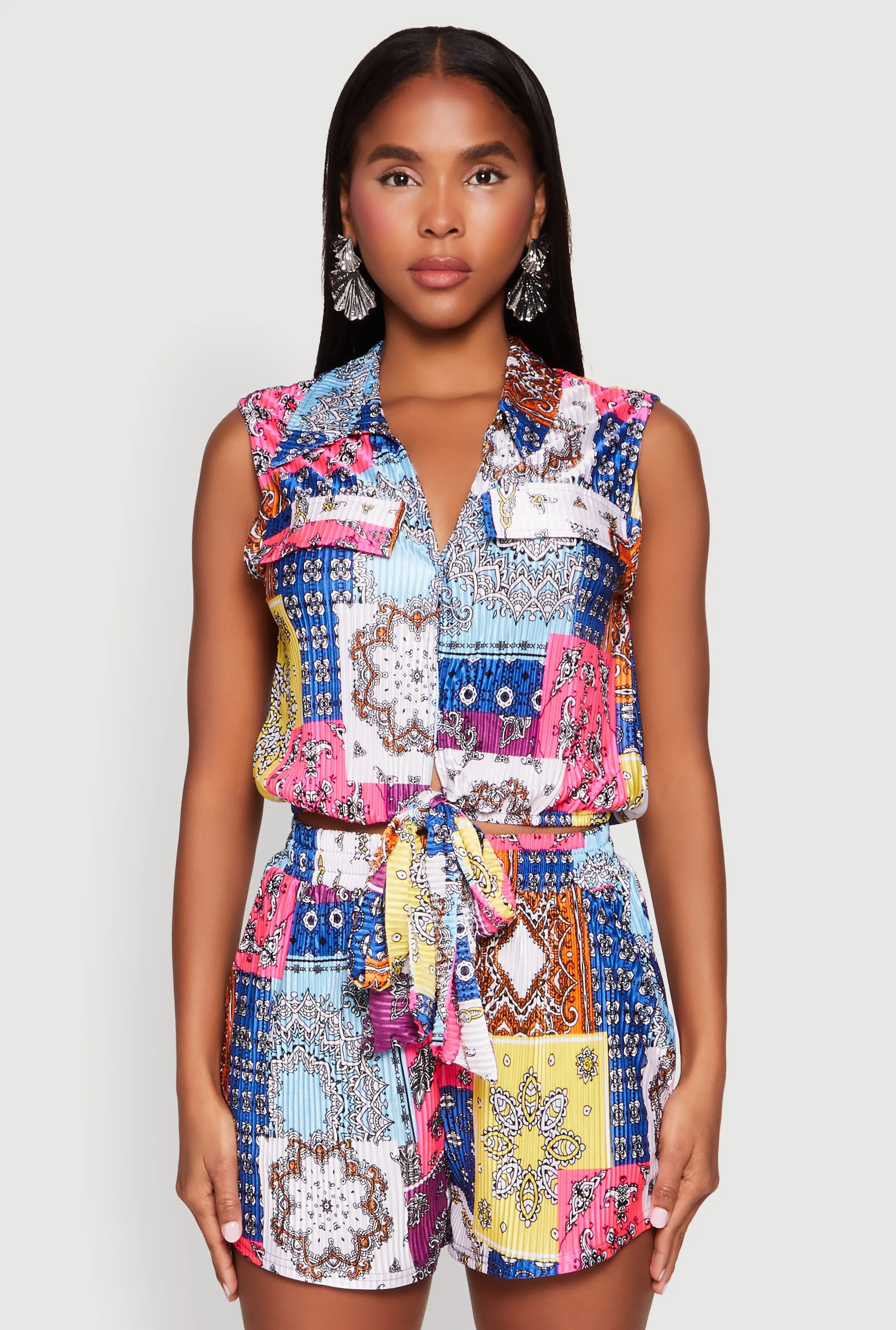 Plisse Printed Pattern Tie Front Shirt sold by Rainbow