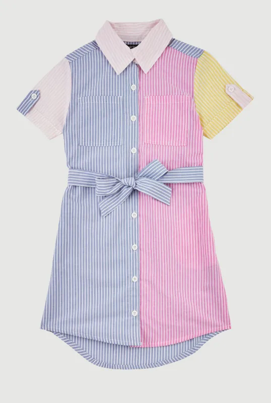 Girls Linen Color Blocked Pinstripe Shirt Dress sold by Rainbow