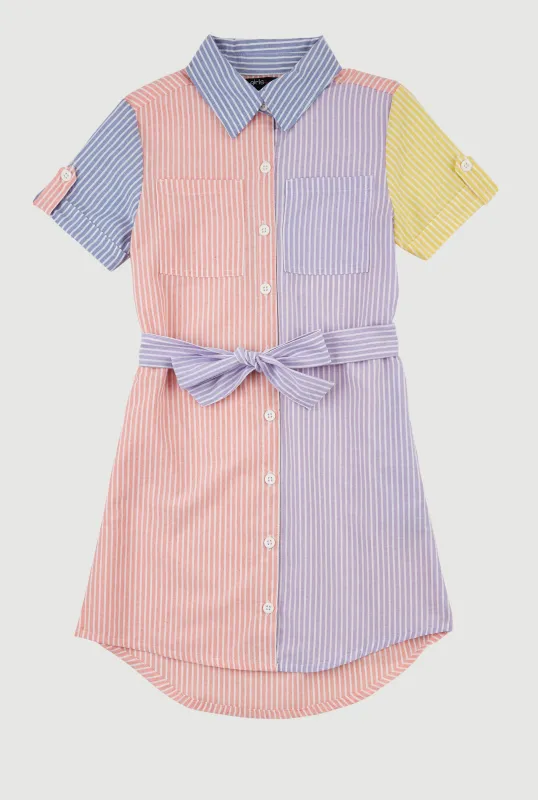 Girls Linen Color Blocked Pinstripe Shirt Dress sold by Rainbow