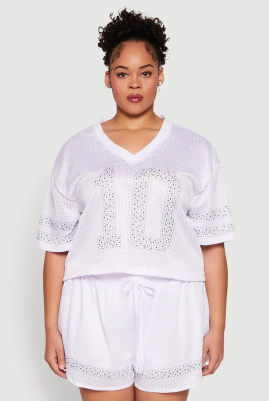 Plus Size Rhinestone Graphic Print Mesh Jersey sold by Rainbow