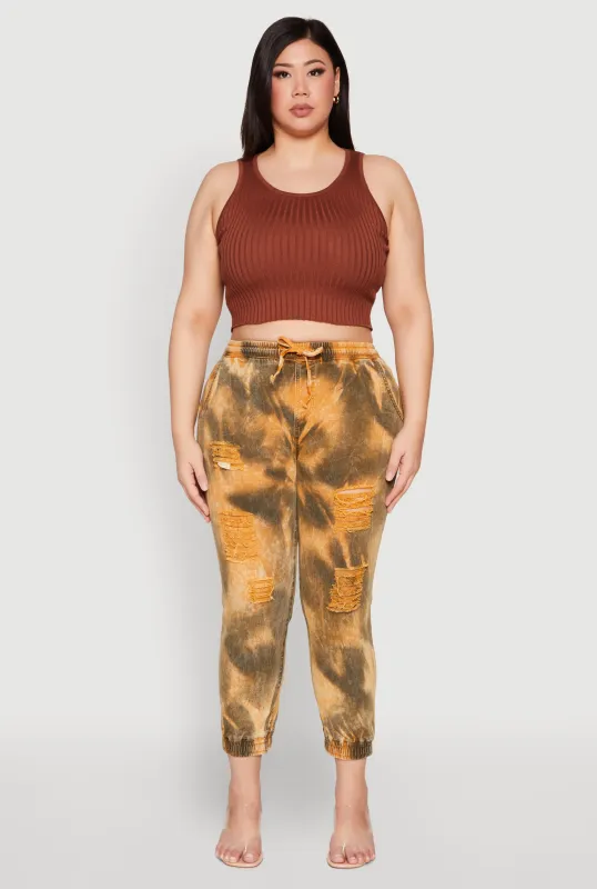 Plus Size Mineral Wash Distressed Denim Joggers sold by Rainbow