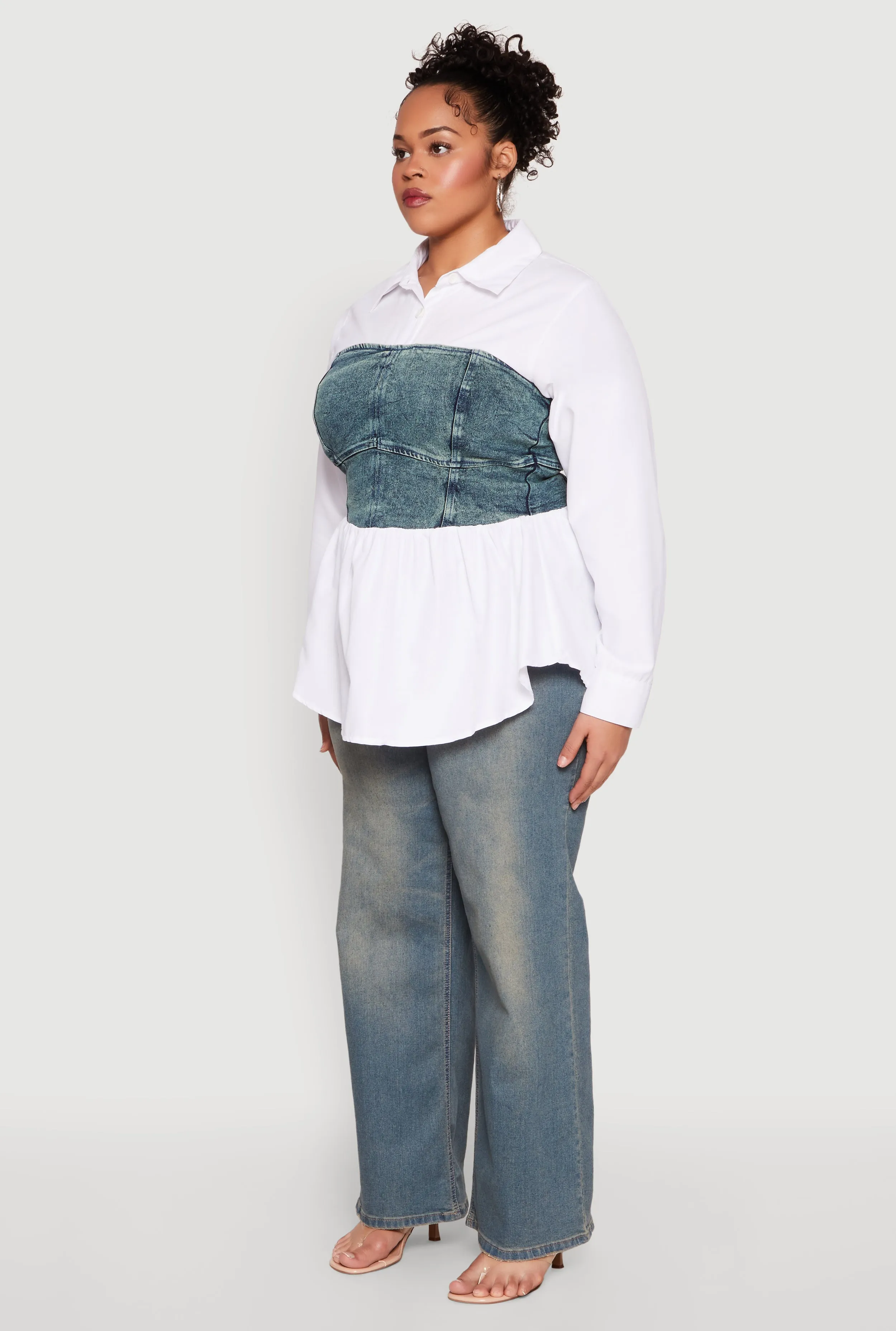 Plus Size Denim Corset Detail Long Sleeve Shirt sold by Rainbow product image thumbnail 5