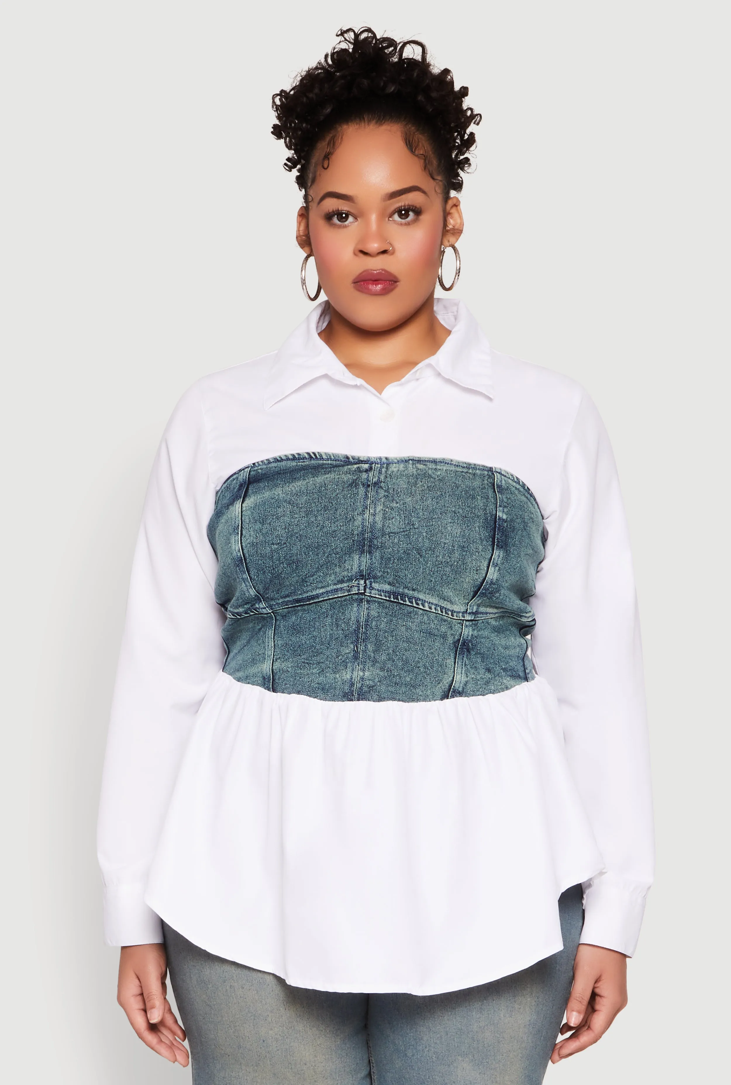 Plus Size Denim Corset Detail Long Sleeve Shirt sold by Rainbow product image thumbnail 2