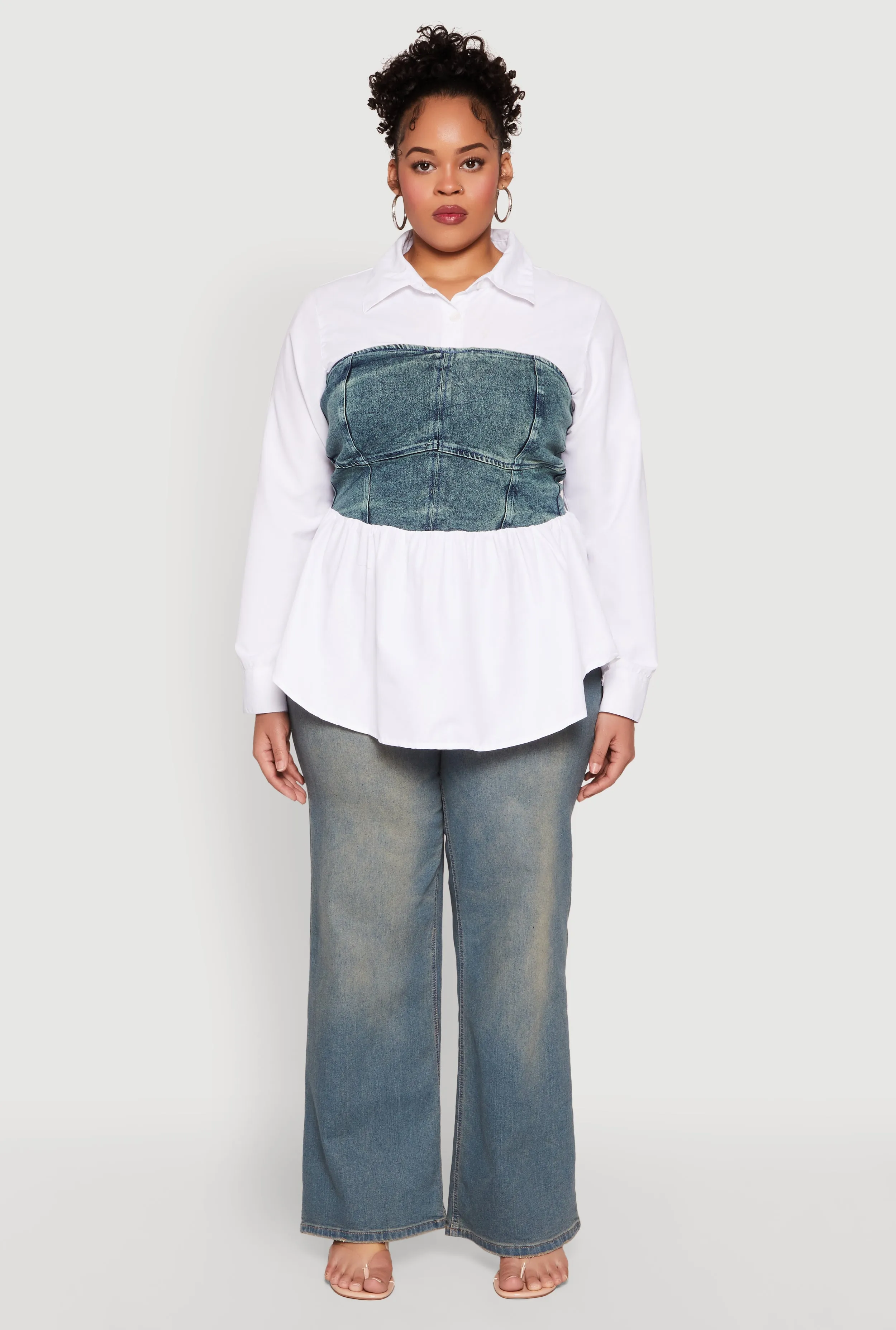Plus Size Denim Corset Detail Long Sleeve Shirt sold by Rainbow