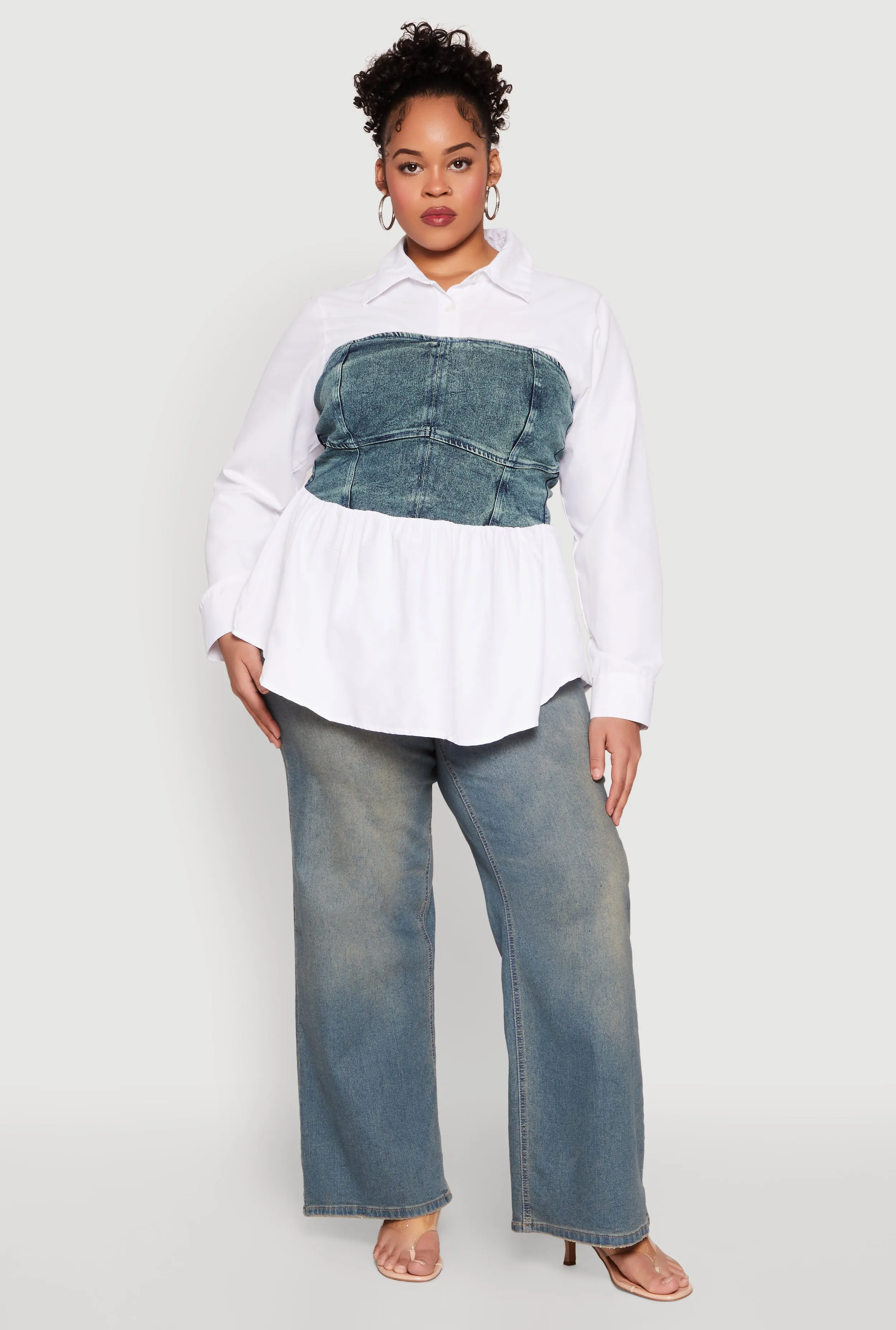 Plus Size Denim Corset Detail Long Sleeve Shirt sold by Rainbow product image thumbnail 3