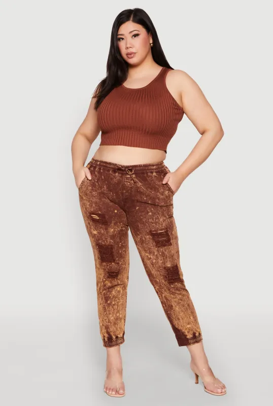 Plus Size Mineral Wash Distressed Denim Joggers sold by Rainbow