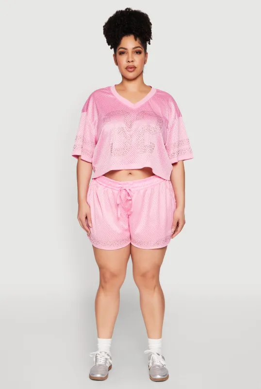 Plus Size Rhinestone Studded Jersey Mesh Shorts sold by Rainbow