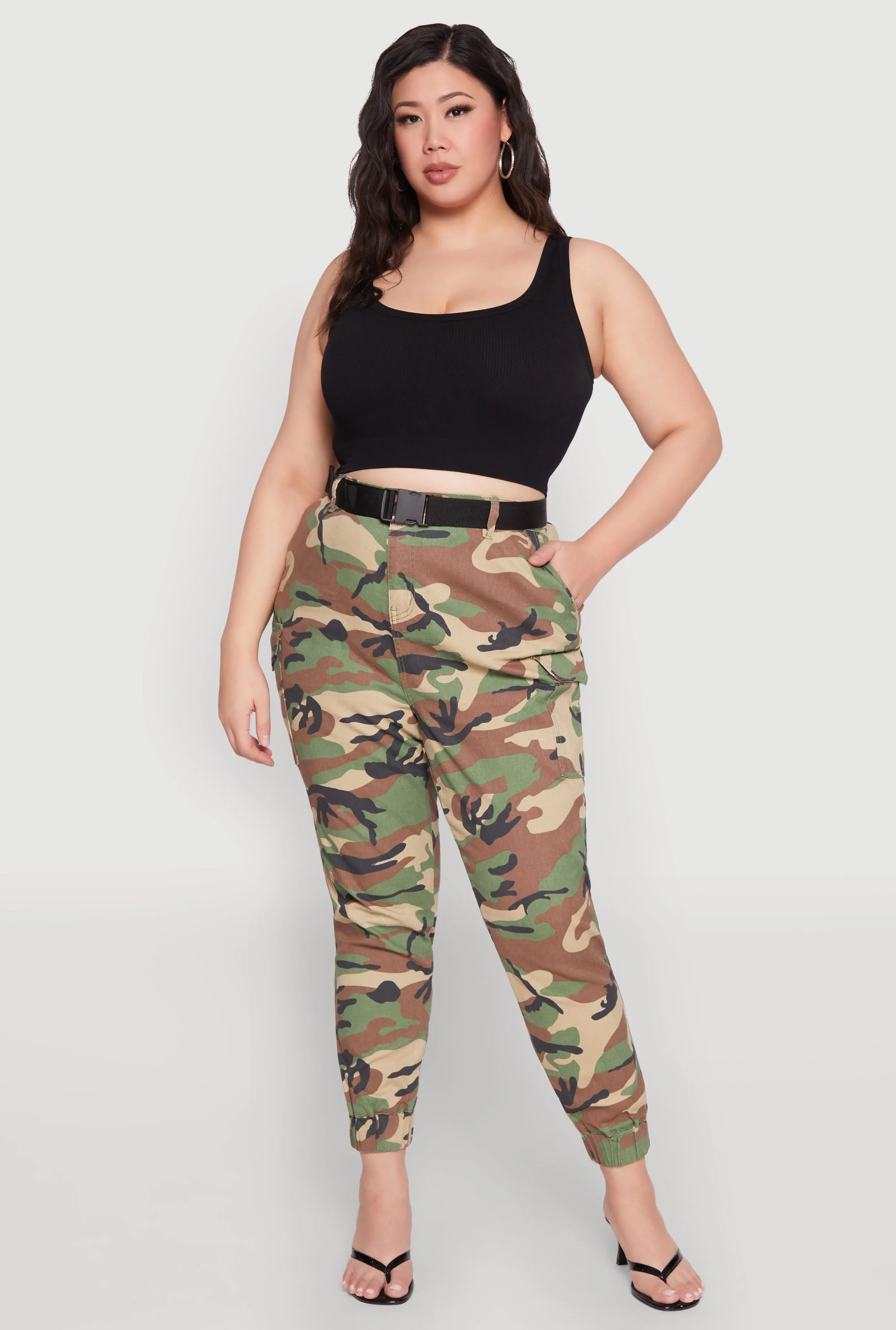 Plus Size Belted Camo Cargo Joggers sold by Rainbow