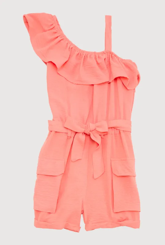 Girls Ruffle One Shoulder Cargo Romper sold by Rainbow