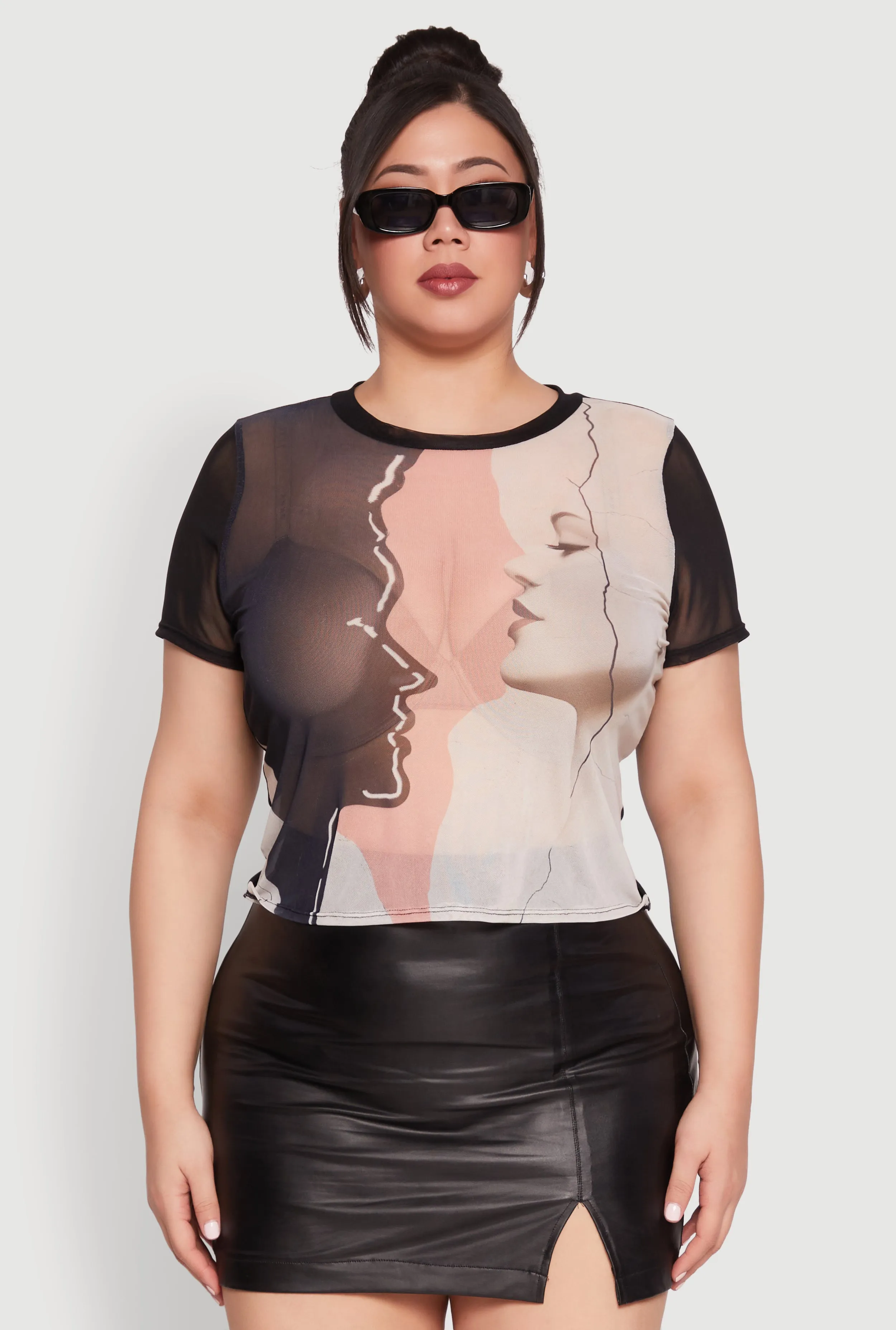 Plus Size Faces Graphic Print Mesh Crop Top sold by Rainbow product image thumbnail 2