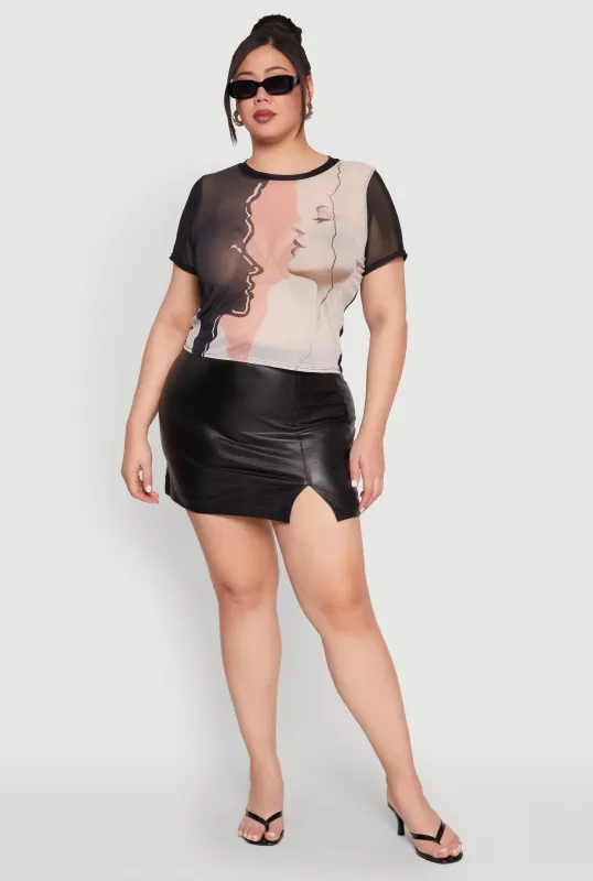 Plus Size Faces Graphic Print Mesh Crop Top made by Rainbow