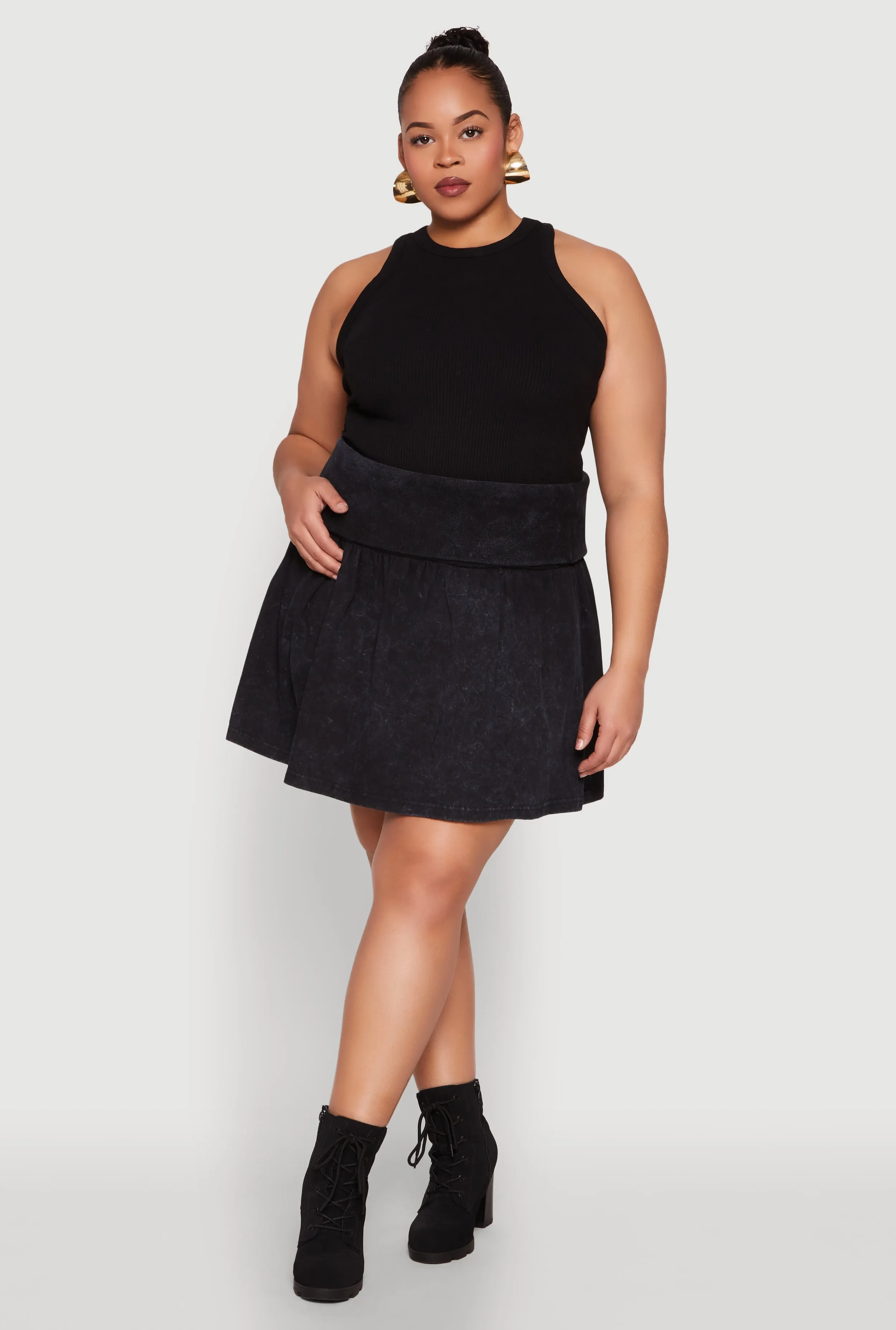 Plus Size Mineral Wash Fold Over Waist Skirt sold by Rainbow