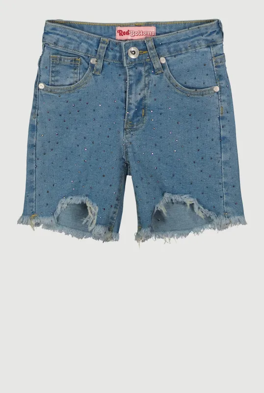 Girls Studded Frayed Hem Denim Shorts sold by Rainbow