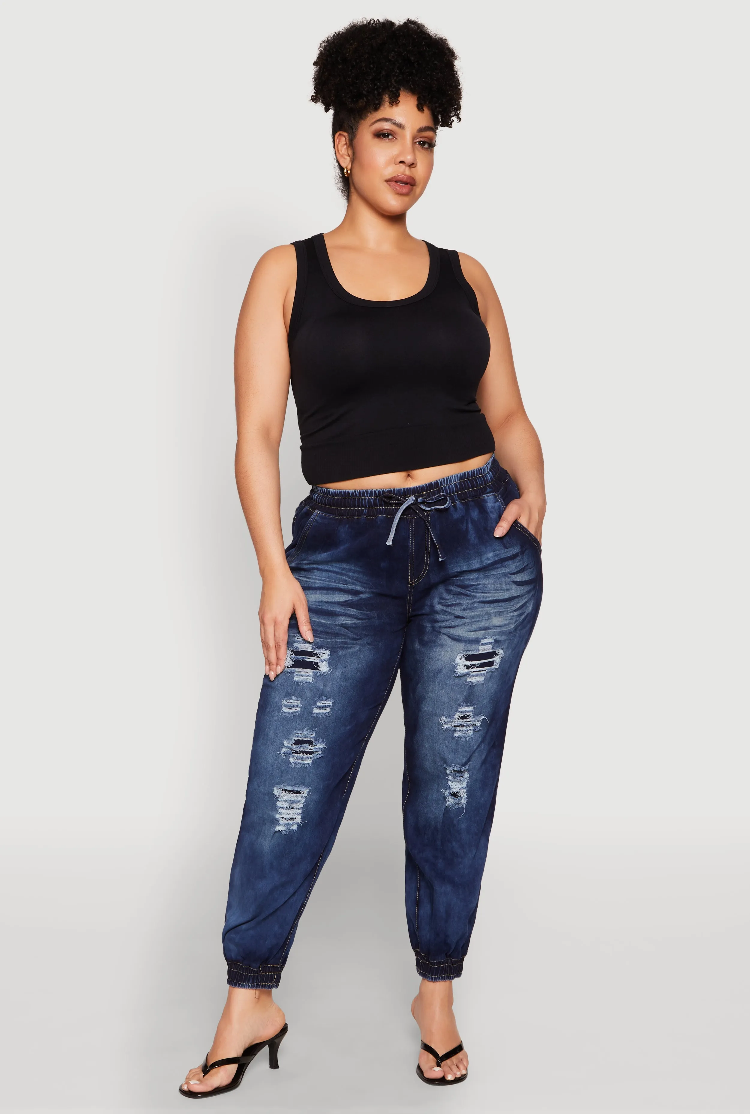 Plus Size Patch and Repaid Distressed Denim Joggers sold by Rainbow