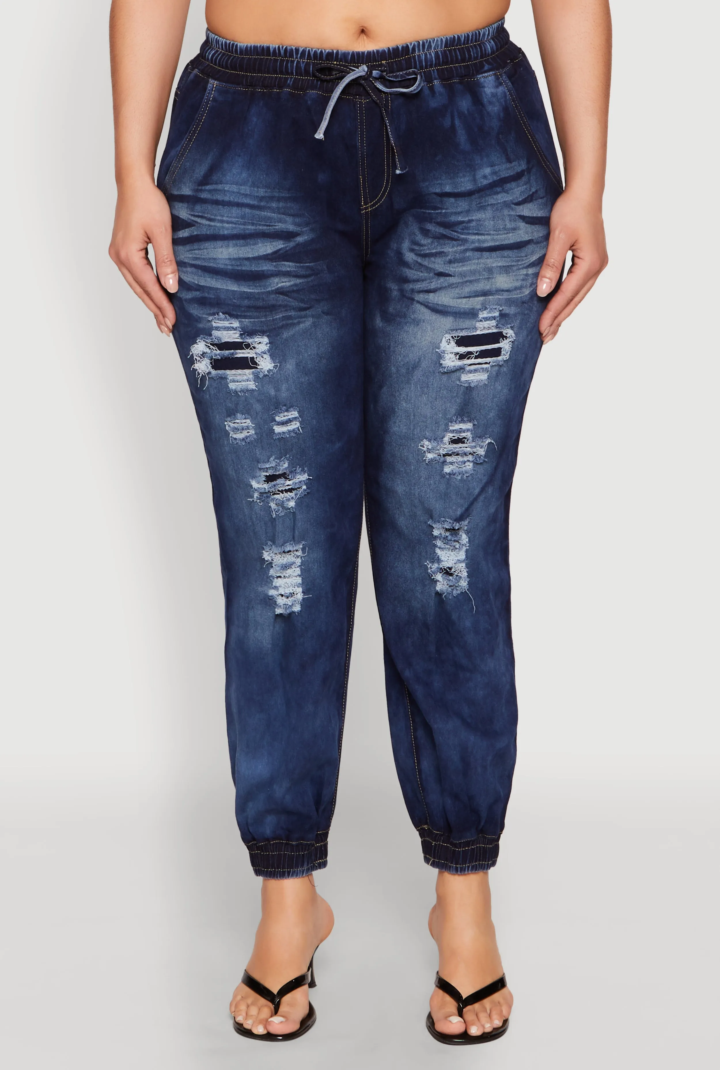 Plus Size Patch and Repaid Distressed Denim Joggers sold by Rainbow product image thumbnail 5