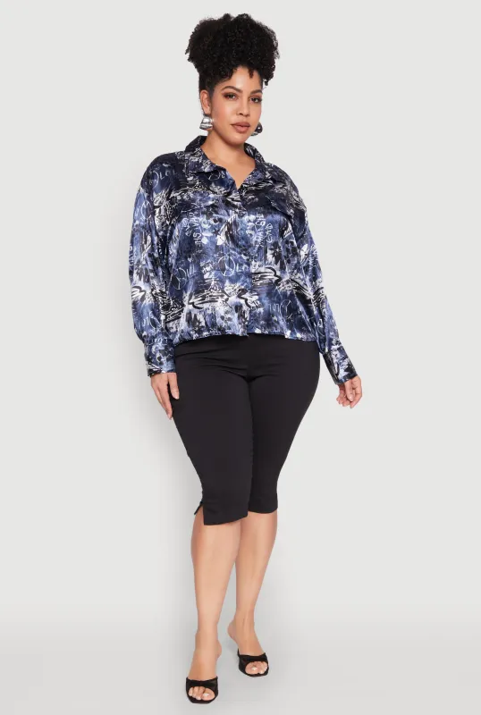 Plus Size Satin Graffiti Printed Pattern Shirt sold by Rainbow