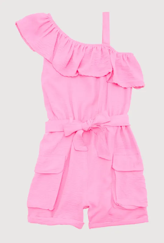 Girls Ruffle One Shoulder Cargo Romper sold by Rainbow