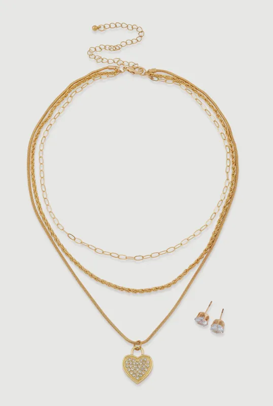 Cubic Zirconia Heart Charm Layered Necklace and Stud Earrings sold by Rainbow