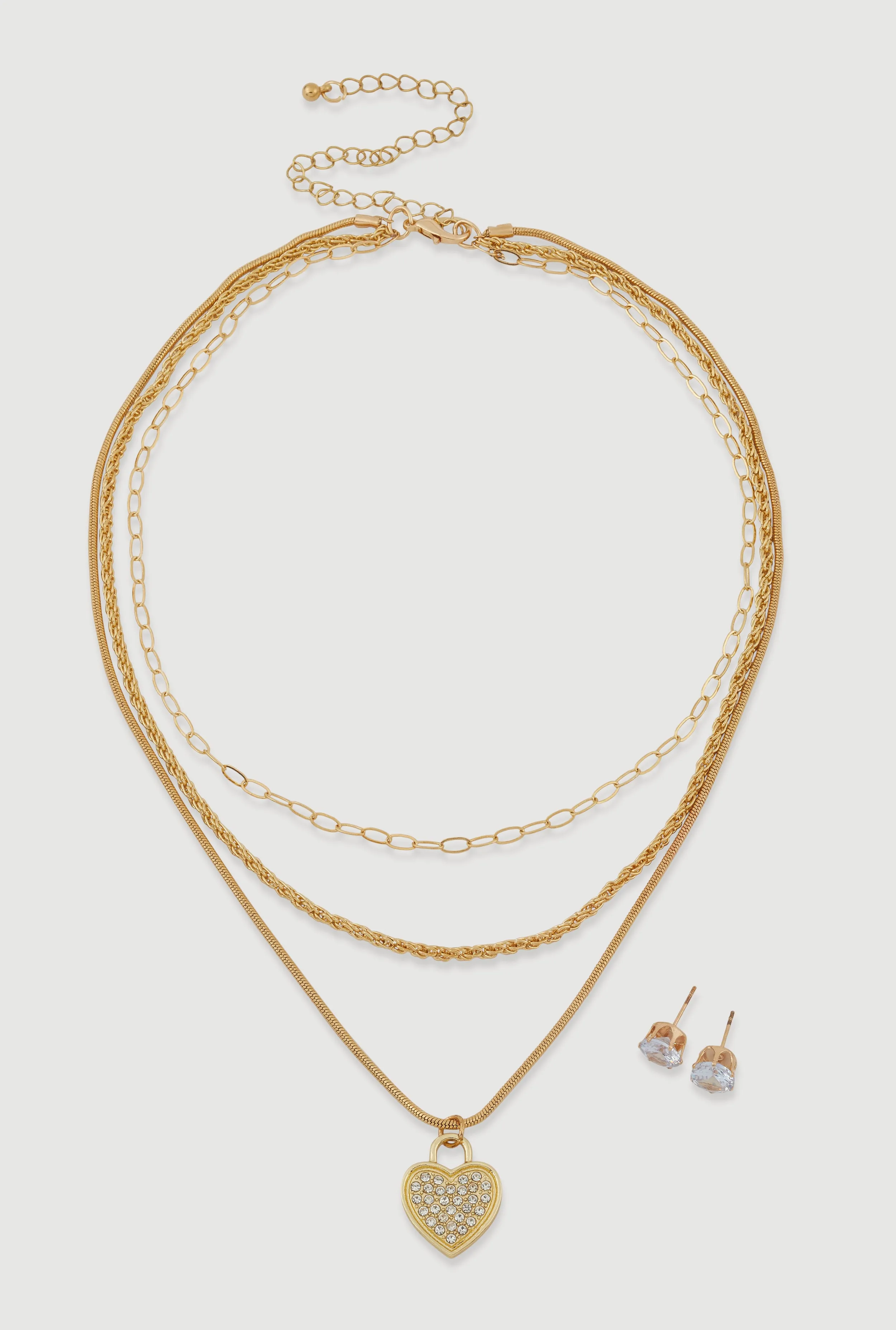 Cubic Zirconia Heart Charm Layered Necklace and Stud Earrings sold by Rainbow