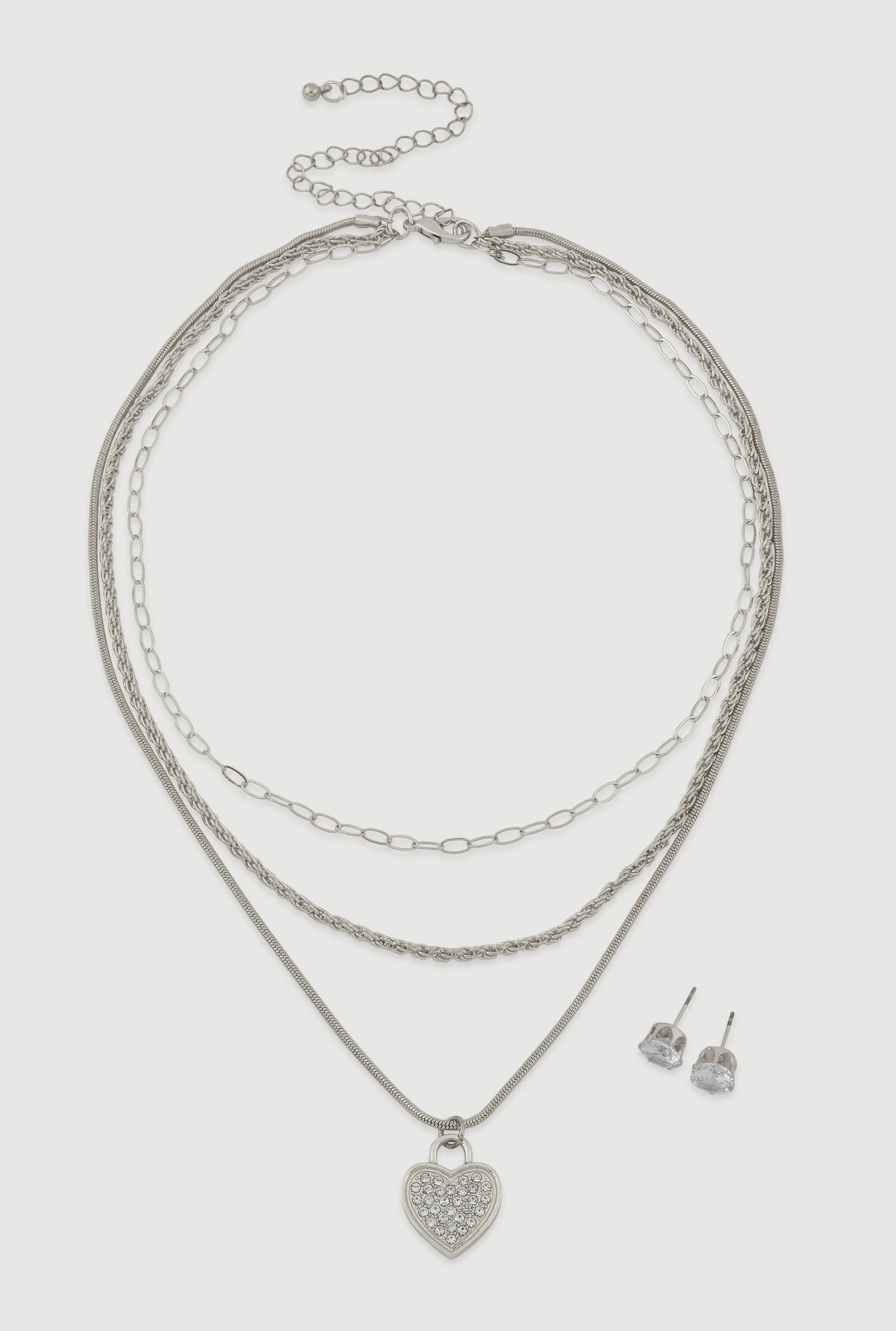 Cubic Zirconia Heart Charm Layered Necklace and Stud Earrings sold by Rainbow