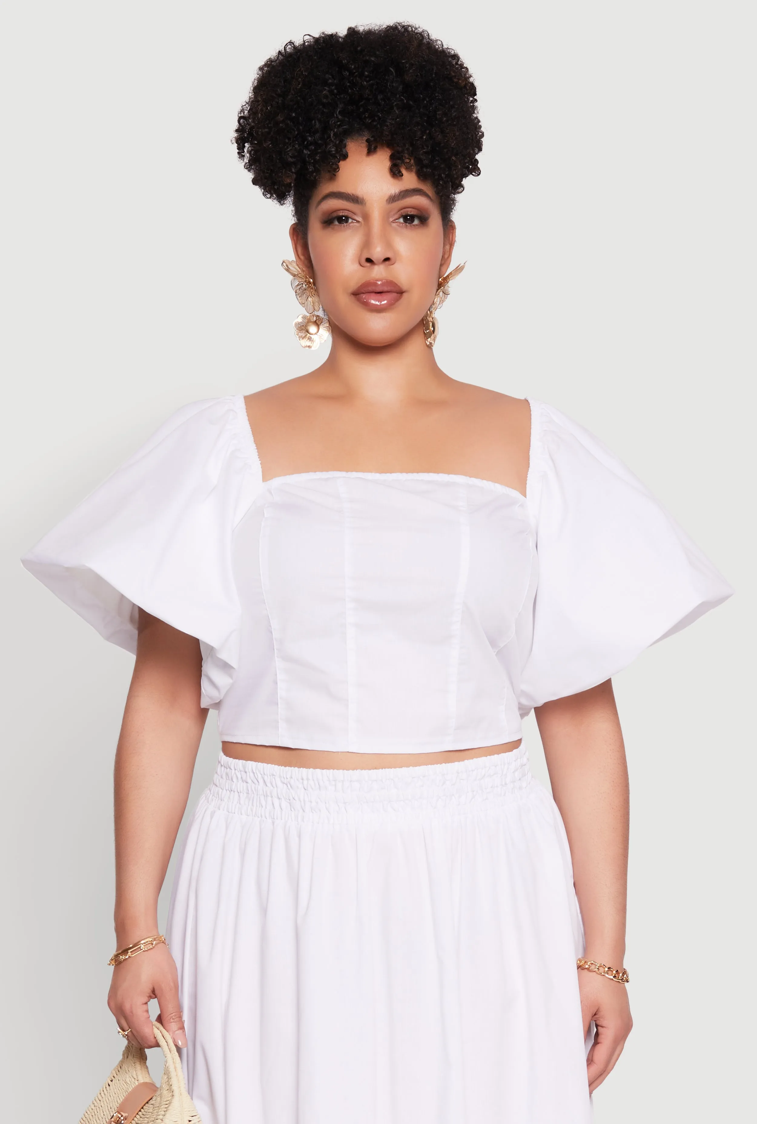 Plus Size Smocked Back Poplin Crop Top sold by Rainbow