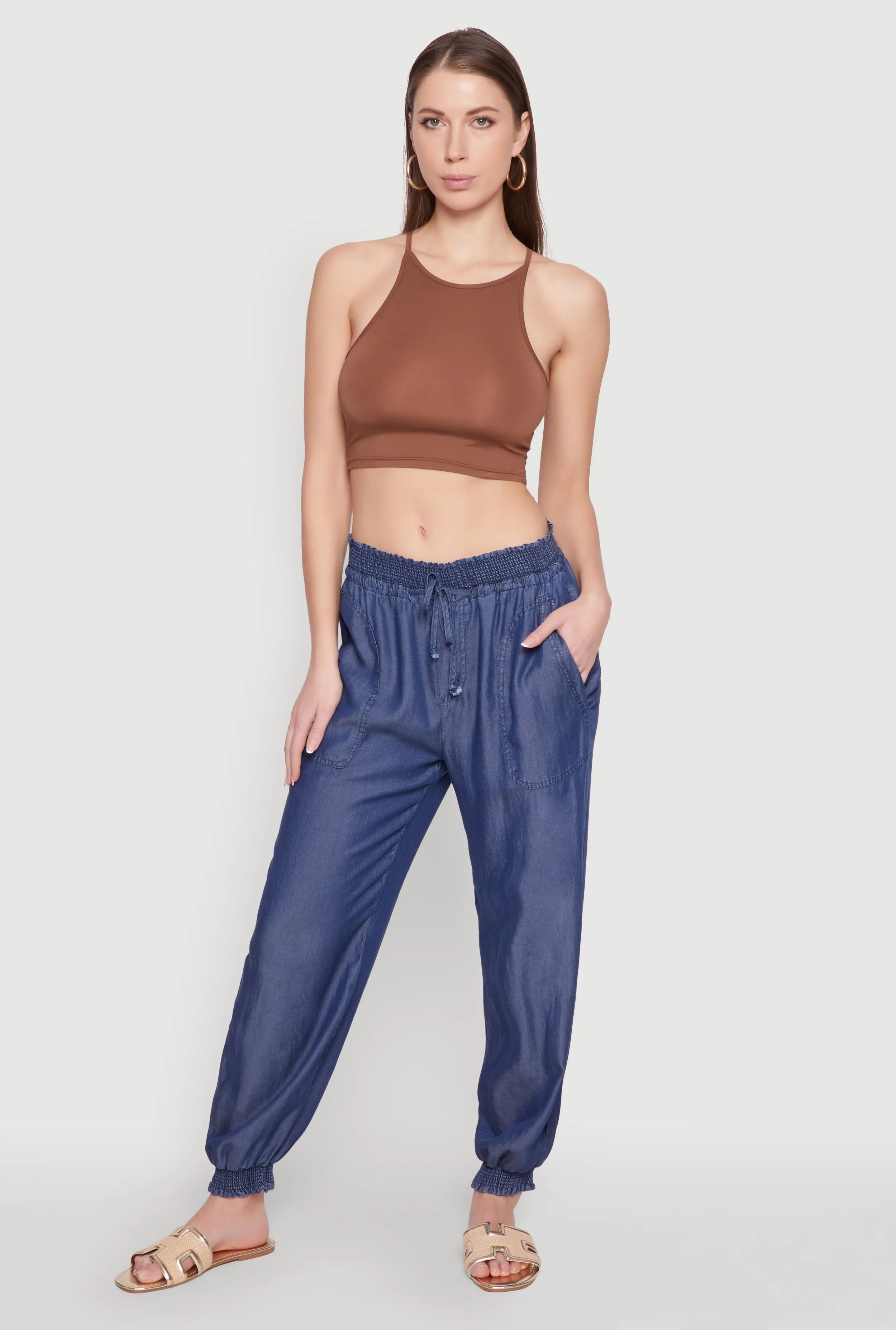 Chambray Smocked Hem Joggers sold by Rainbow