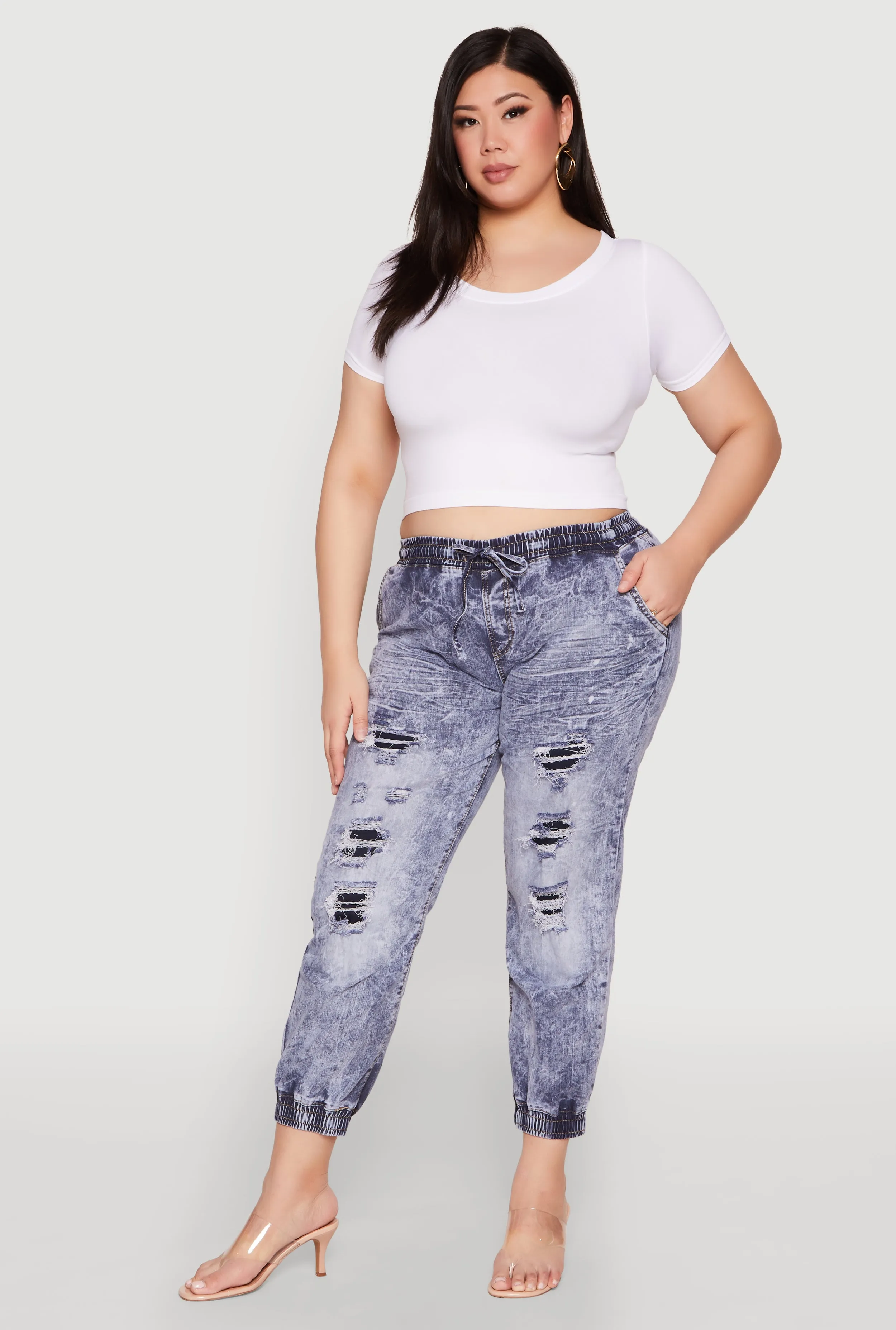 Plus Size Mineral Wash Patch and Repair Denim Joggers sold by Rainbow