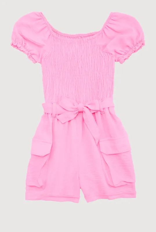 Girls Puff Sleeve Smocked Cargo Romper sold by Rainbow
