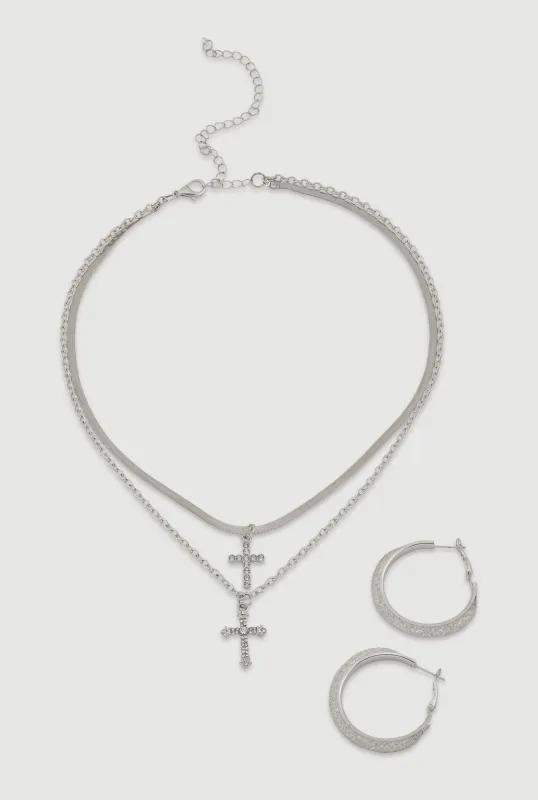 Cross Layered Necklace and Hoop Earrings sold by Rainbow
