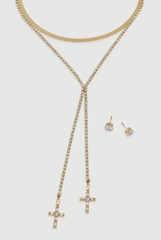 Cross Lariat Necklace and Stud Earrings sold by Rainbow