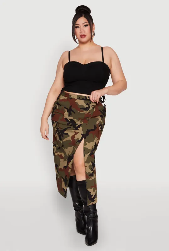 Plus Size Asymmetrical Front Slit Camo Cargo Skirt sold by Rainbow