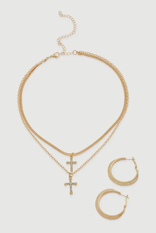 Cross Layered Necklace and Hoop Earrings sold by Rainbow
