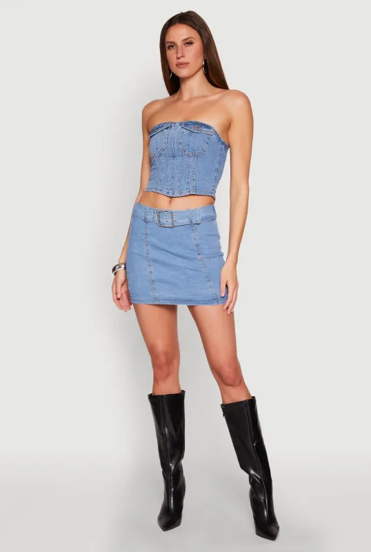 Zip Back Belted Front Denim Mini Skirt sold by Rainbow