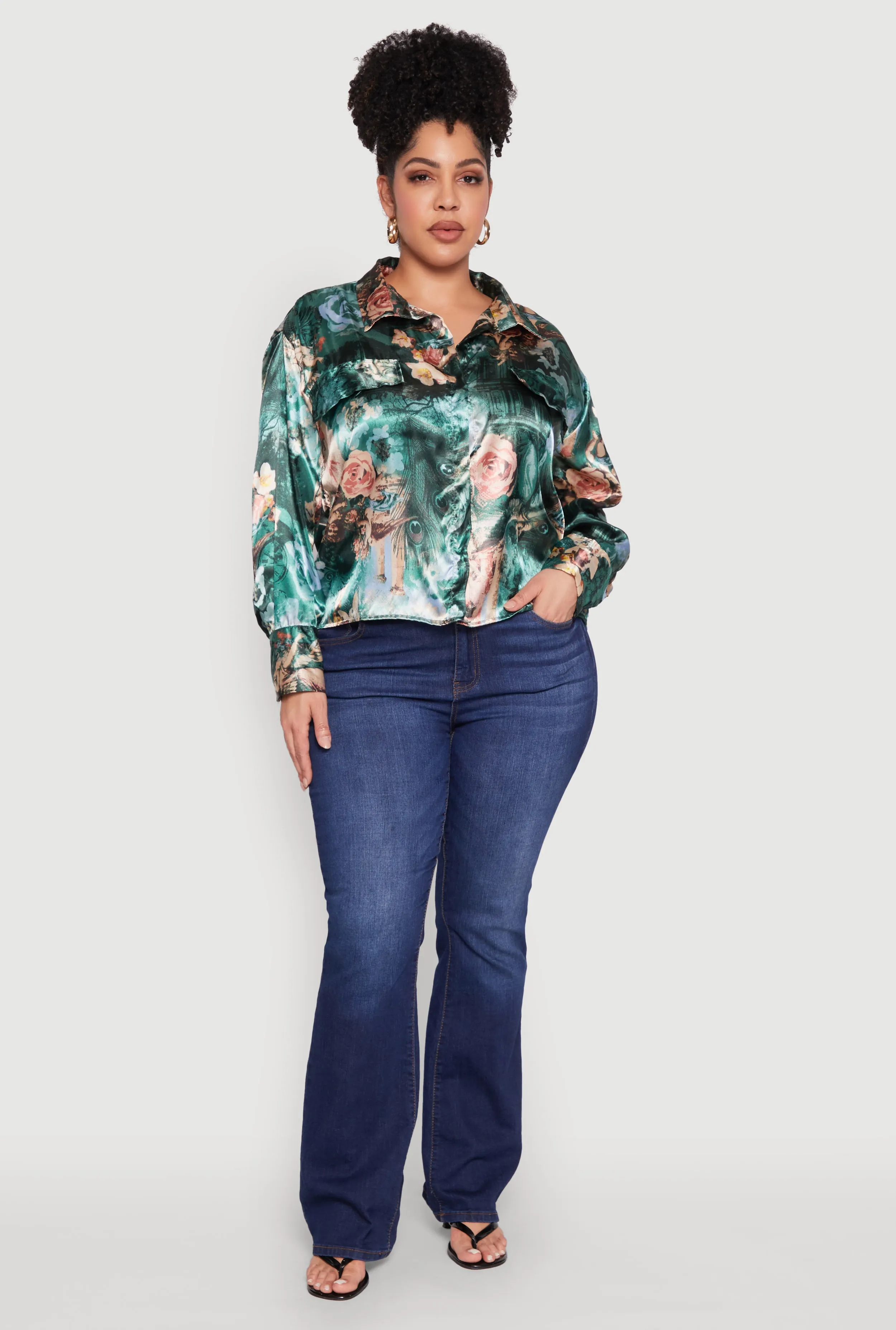 Plus Size Renaissance Floral Print Satin Shirt sold by Rainbow