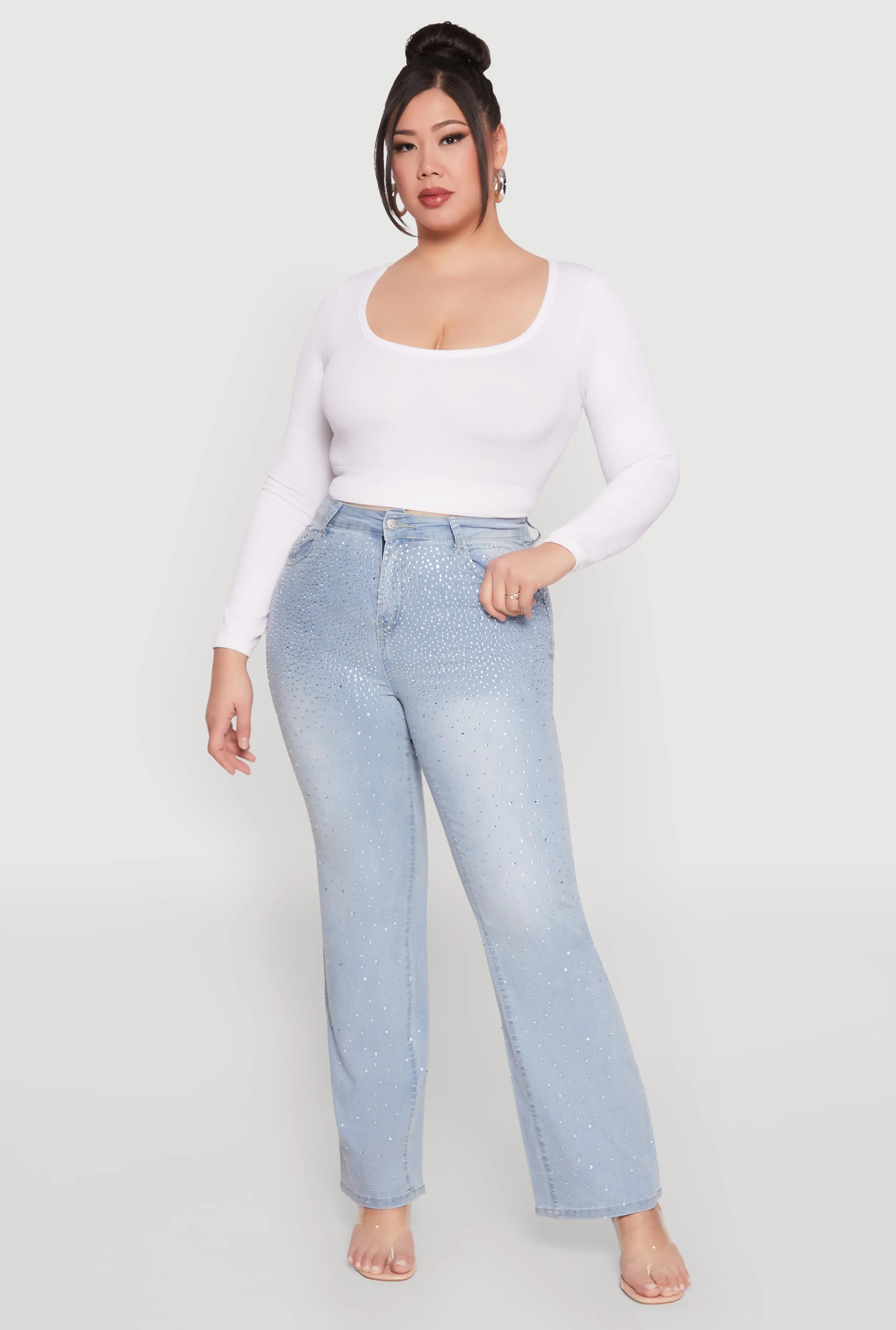 Plus Size Rhinestone Straight Leg Jeans sold by Rainbow
