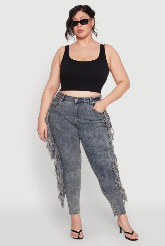 Plus Size Mineral Wash Side Fringe Jeans sold by Rainbow