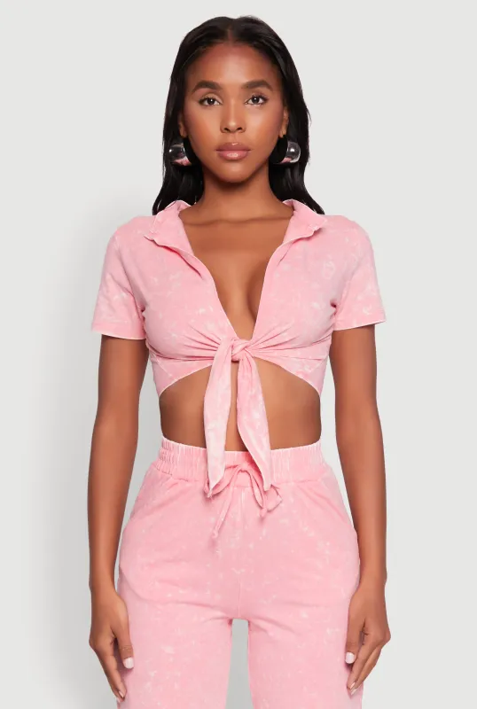 Cropped Mineral Wash Tie Front Top sold by Rainbow