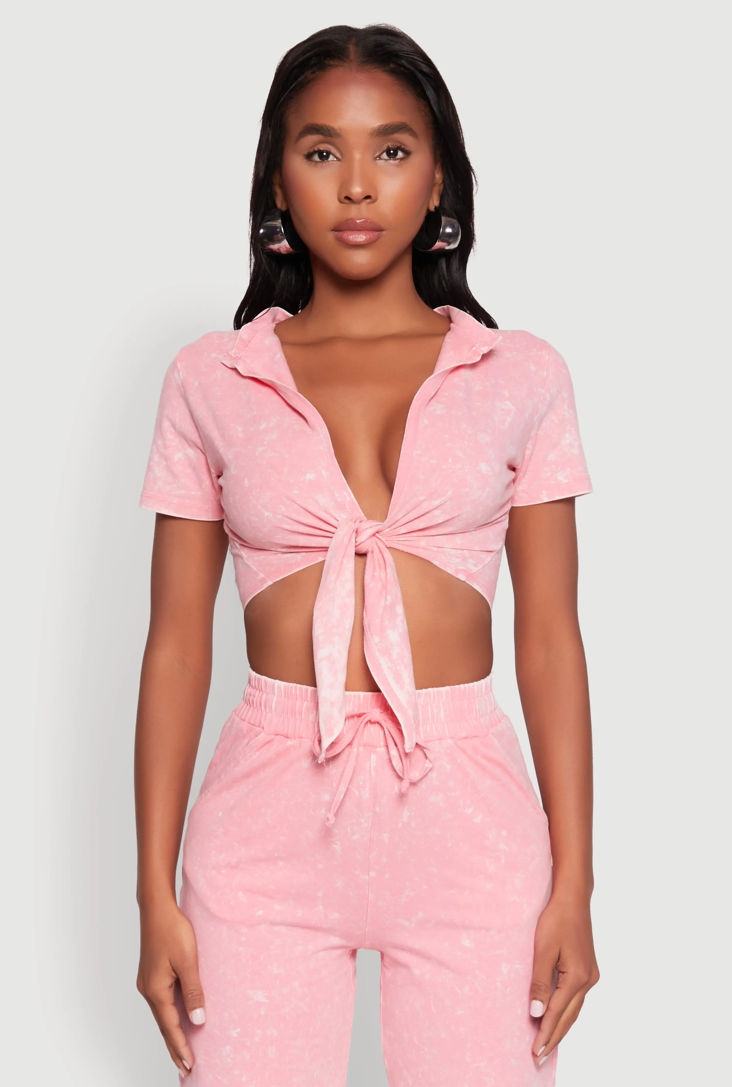 Cropped Mineral Wash Tie Front Top sold by Rainbow