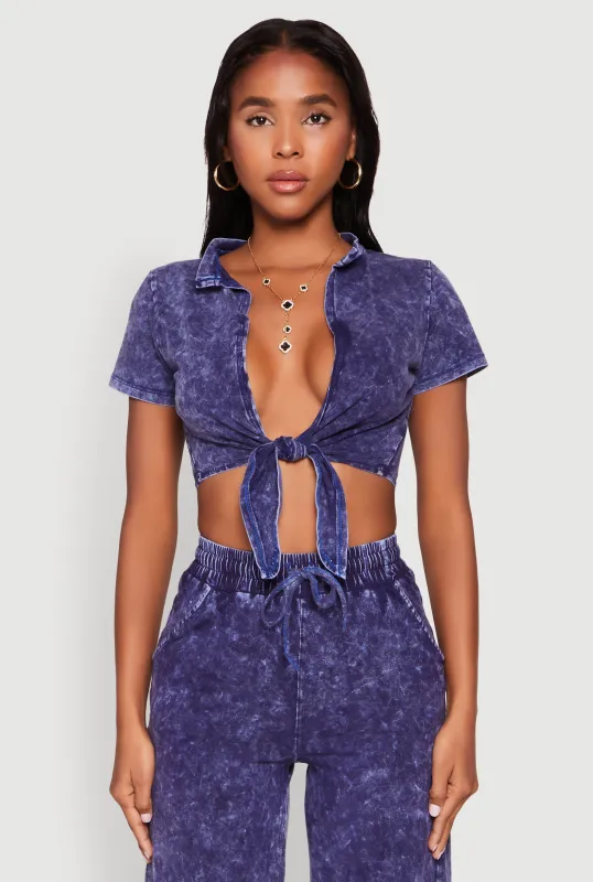 Cropped Mineral Wash Tie Front Top sold by Rainbow