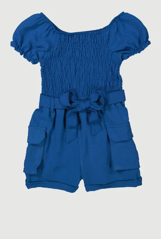 Little Girls Crepe Knit Smocked Cargo Romper sold by Rainbow