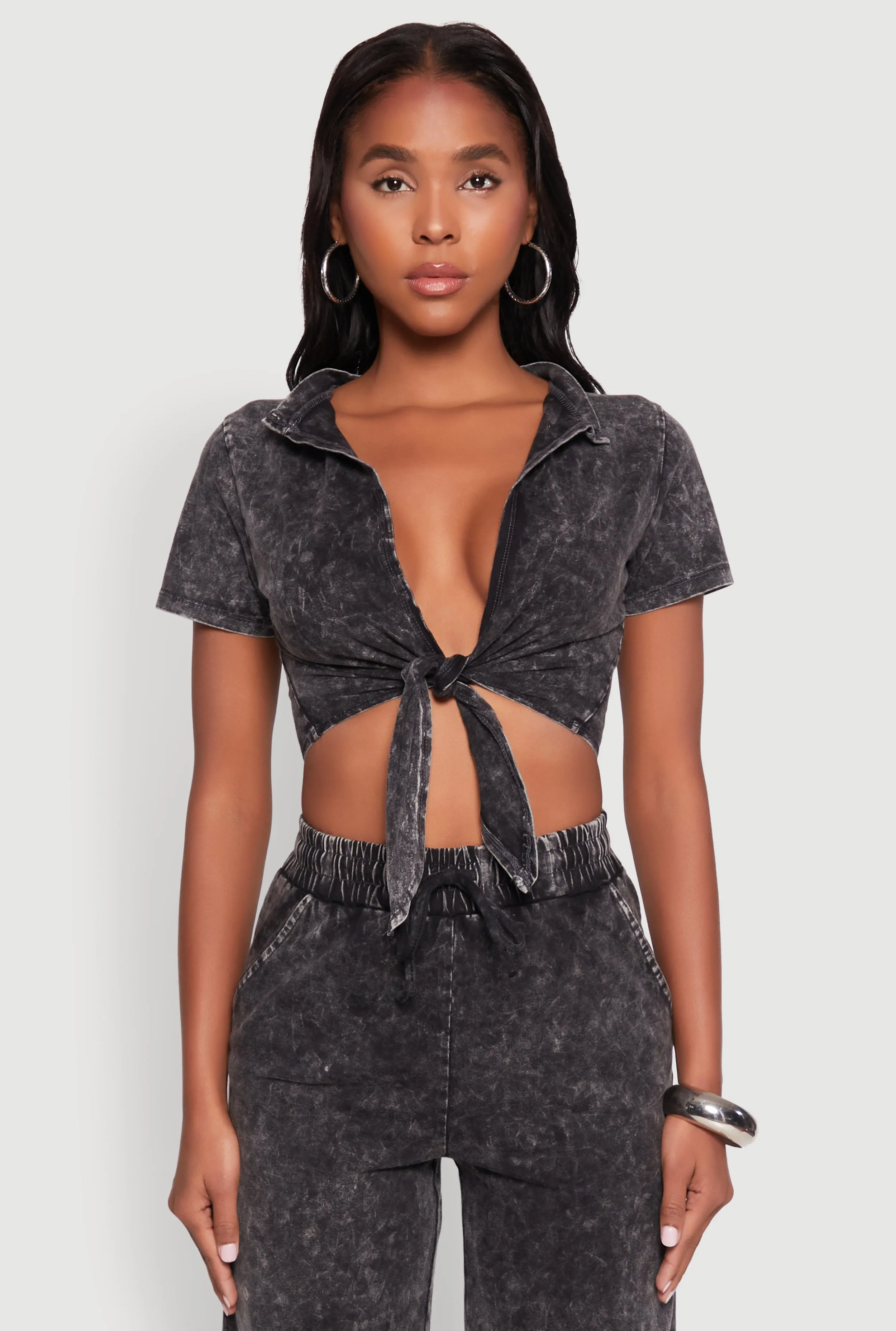Cropped Mineral Wash Tie Front Top sold by Rainbow